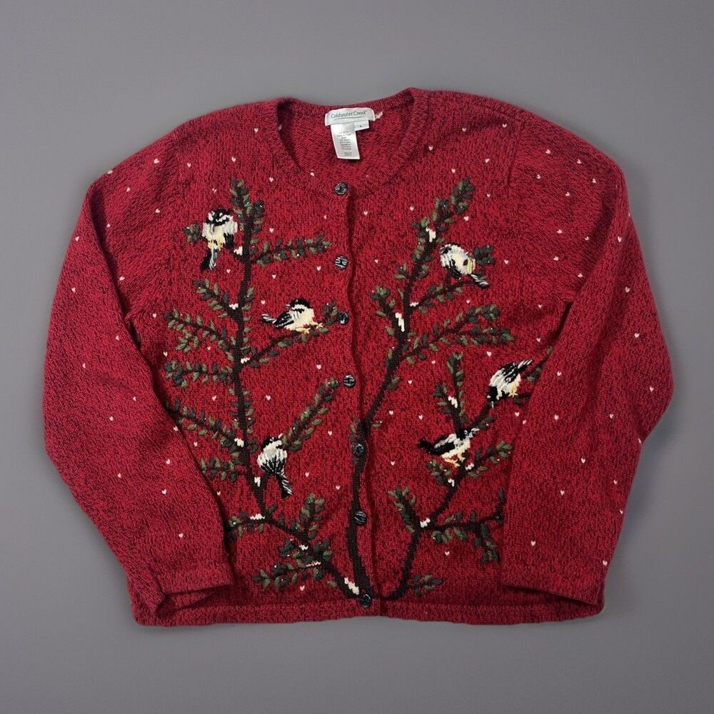 Coldwater Creek Sweater Christmas Holiday Womens Size Large Red Birds Embroidery